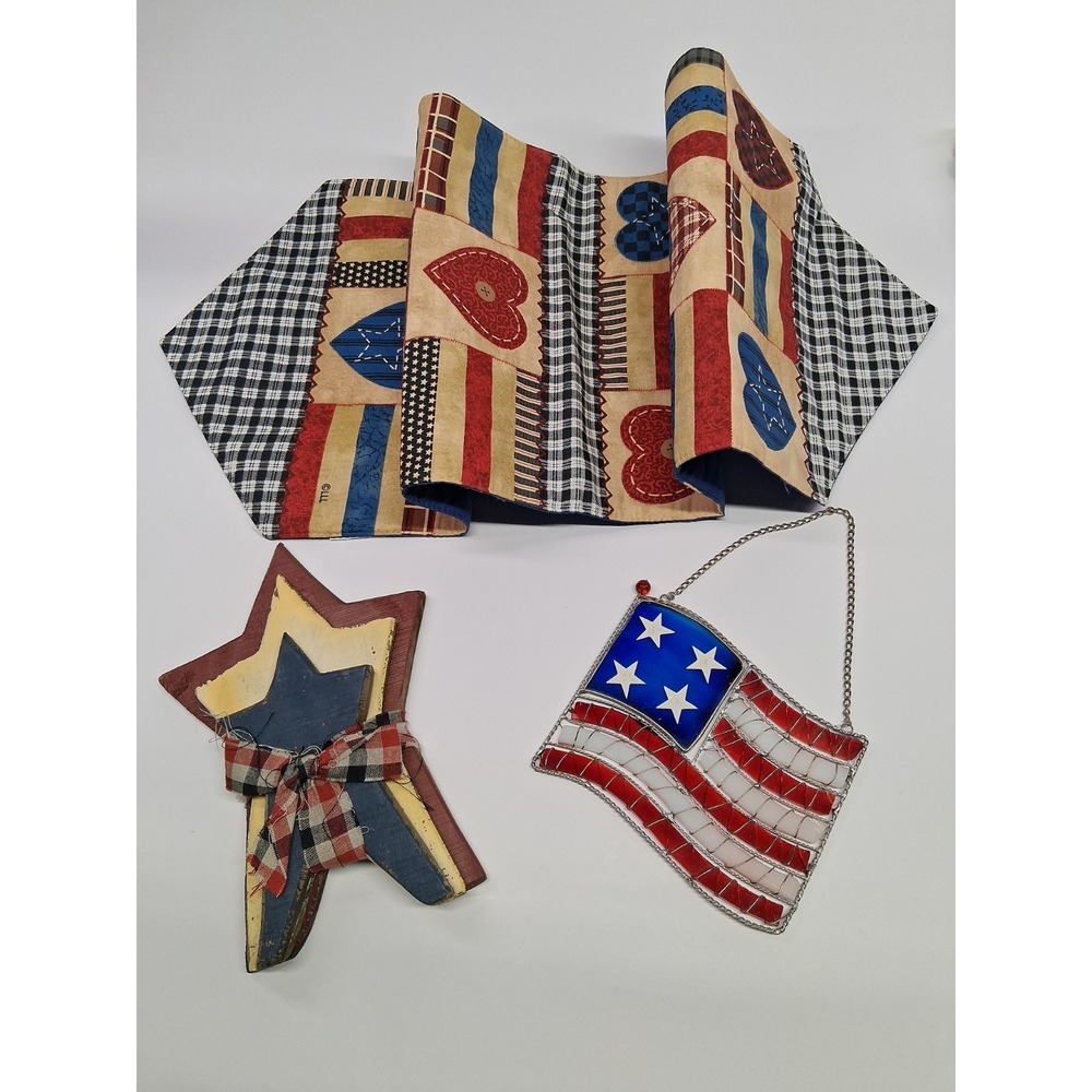 July 4th Bundle - Patriotic Table Runner, Star Shelf Sitter & Flag Sun Catcher